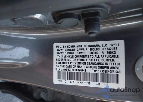 2012 Honda Civic Lx from USA, damaged, VIN 19XFB2F5XCE026748